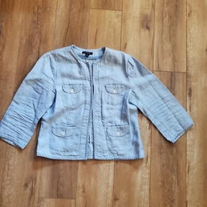 Lands' End Hook Front Jacket 10 Blue 100% Linen Pockets Nautical Coastal Denim - Picture 1 of 7
