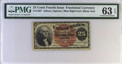 .25 Cent Fractional Currency note fr.1301 Fourth Issue 38mm Seal PMG CU 63 EPQ - Image 1 of 4