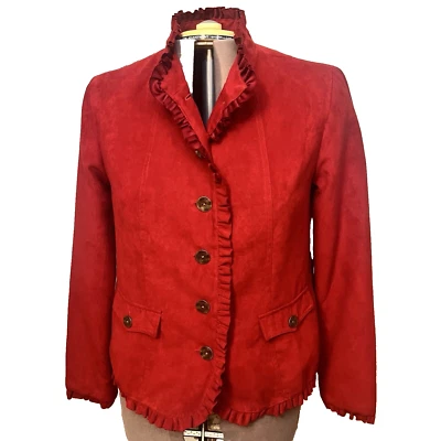 DressBarn.  Talla L. Chaqueta forrada con volantes manga larga de tela de gamuza roja oscura. DB2 Foto 1 de 4