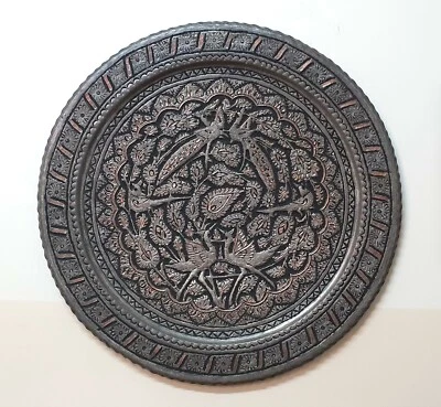 19thC. 49 см антикварный редкий красный медный кованный вручную гравированный поднос с серебряной инкрустацией - Изображение 1 из 4