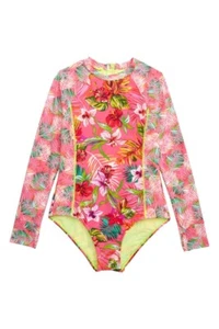 Hobie 12 Girls 1 Pc Rash Guard Bodysuit Swimsuit Pink Floral Long Sleeve UV NWT - Picture 1 of 1