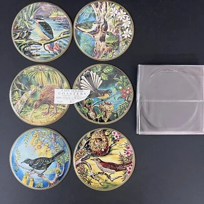 Винтажные 6 круглых пластиковых подставок New Zealand Birds 4 дюйма с рукавом киви туи... - Изображение 1 из 4