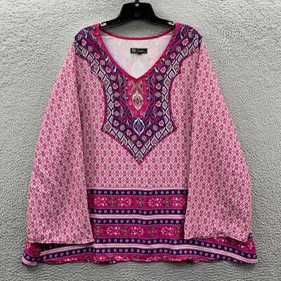 Blusa para mujer DG2 DIANE GILMAN 2x Top geométrico manga larga rosa blanco Foto 1 de 4
