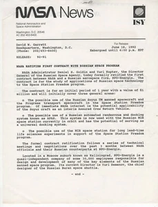 PRENSA ESPACIAL: (1992/06) NASA "Primer contrato con el programa espacial ruso" - Imagen 1 de 1