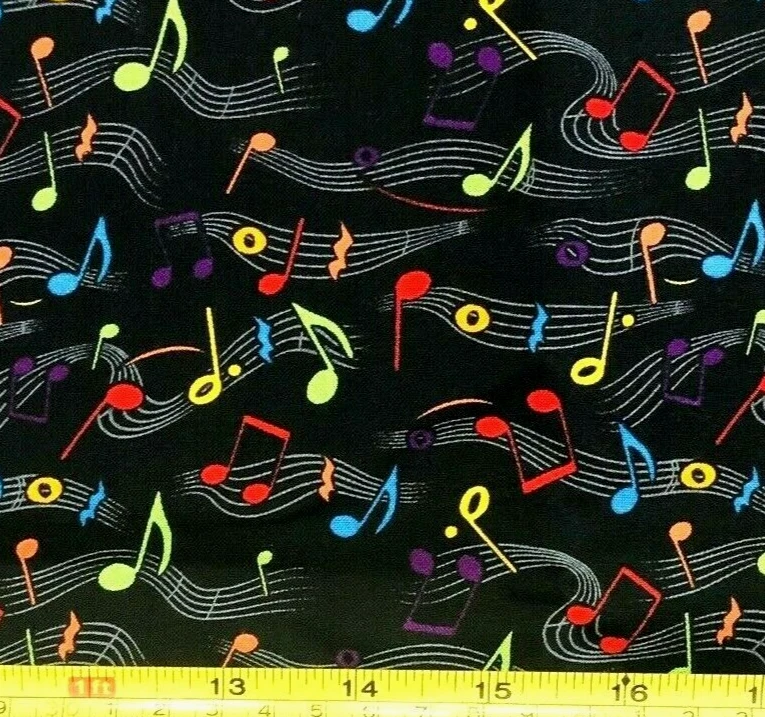Tina Chatarra 9"x21" Arco Iris Colorido Música Notas Musicales Remolino Tela de Algodón Negro Foto 1 de 1