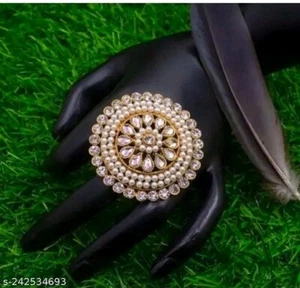 Conjunto de joyas de anillo ajustable Kundan Polki estilo Bollywood indio chapado en oro - Imagen 1 de 4