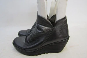 FLY LONDON Womens Sz 37 EUR Dark Gray Leather Wedge Ankle Fashion Boots Bootie - Picture 1 of 11