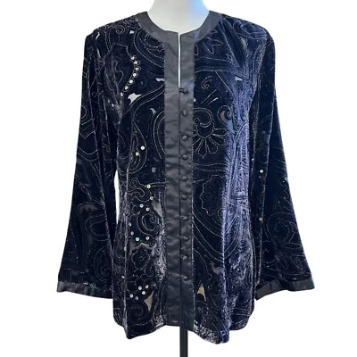 Кардиган Chico's размер 1 средний/8 черный бархат выгорание шелковая смесь блестки кимоно - Изображение 1 из 4