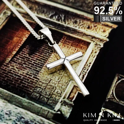 Free Engraving - 925 Sterling Silver Plain Thick Cross Pendant Necklace✔️Solid - Image 1 of 4