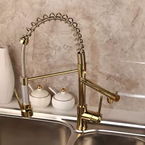 Rubinetto cucina oro 2 uscite estraibile e beccuccio girevole ottone rubinetto miscelatore montato a ponte - Foto 1 di 11