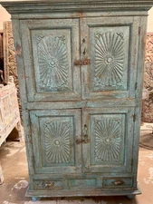 Antique Rustic Carved Armoire TURQUOISE Indian Cabinet Farmhouse Storage Armoire