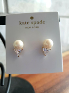 kate spade- bright ideas-Triangle Faux Pearl-Clear Stone- Gold Stud Earrings-NWT