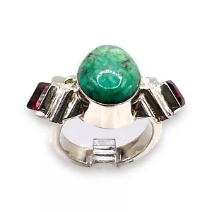Green Turquoise Red Garnet Silver Sterling 925 Woman Cocktail Statement Ring 6 - Picture 1 of 14