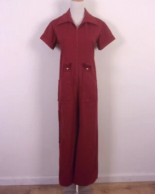 vintage 60s 70s Mod Disco Dark Red Polyester Jumpsuit Wide Leg Bell Bottom 10 - image 1 of 4