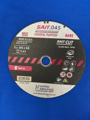 SAIT Cutting Wheel 6" by .045" by 5/8" Cut Off Wheel 23105 United Abrasives