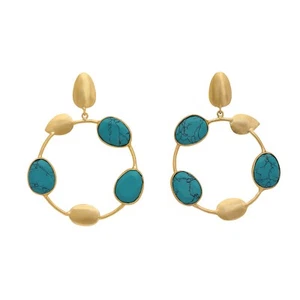 Brand New Handmade Pretty Turquoise Leaf Circle18kGold Plated Drop Hoop Earrings - Picture 1 of 4