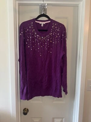 ISAAC MIZRAHI LIVE Cable Stitch Crew Neck Sweater w/ Embellishments BERRY sz 2X - Image 1 of 3