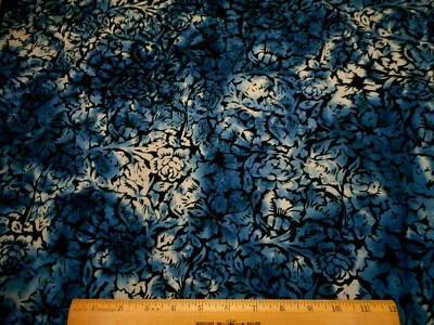 Batik Fabric By Half-Yard Blue Lt Gray Floral Black Hoffman Premium Cotton #59 - Image 1 of 2
