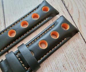 Hole Punched Premium Leather Watch Strap Band 18mm 20mm 22mm 24mm Black Orange