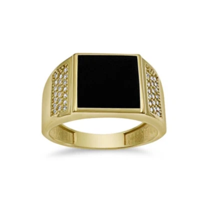 Anillo de oro amarillo de 14k con sello cuadrado negro meñique para hombre circonita cúbica Foto 1 de 4
