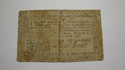 1777 Eight Shillings Pennsylvania PA Colonial Currency Bank Note Bill RARE 8s - Image 1 of 2