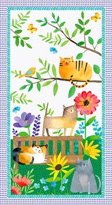 Cat Animal Fabric Flower Bird Purranoia Cotton Blank Quilting 23.5X44" Panel - Picture 1 of 2