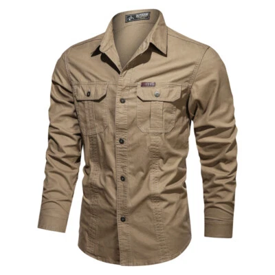Mens Military Shirts Clothes Long Sleeve Pockets Army Cotton Casual Shirts Tops - Image 1 of 4