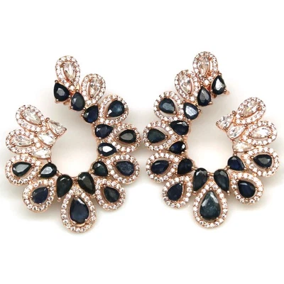 Pendientes de plata de ley 925 con zafiro azul y circonitas cúbicas recubiertos de oro rosa Foto 1 de 4