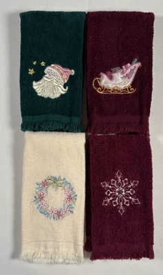Винтажный набор из 4 вышитых рождественских полотенец для пальцев Santa Sleigh венок снег - Изображение 1 из 4