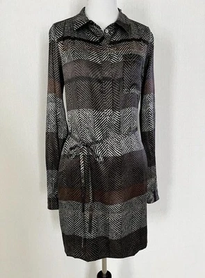 L.K. Vestido Bennett Shift Talla US 4 UK 8 Marrón Gris Geométrico Manga Larga Corbata Nuevo Foto 1 de 4