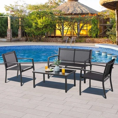 Outdoor Patio Coffee Glass Table Bench and 2 Chairs Furniture Set Clearance Sale - Image 1 of 4