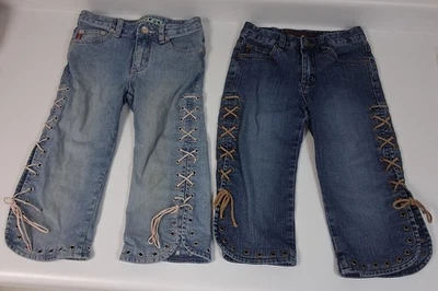 Pantalones de mezclilla vintage Y2K Mudd para niñas con cordones talla 7 tiro bajo ojal dobladillo años 2000 Foto 1 de 4