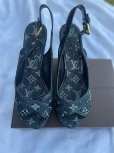 LOUIS VUITTON Monogram Denim Wedge Slingback  Heels Sandals 37 6.5 - Picture 1 of 11