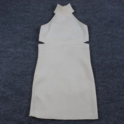 Herve Leger Dress Small Halter Knit Turtleneck Cutout Mini Cream Bodycon Luxury - Image 1 of 4