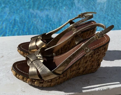 MIU MIU GOLD LEATHER WOVEN WHICKER WEDGE PLATFORM SANDALS Sz 36.5 MADE IN ITALY - Image 1 of 4
