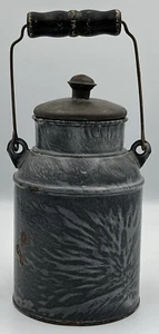 Early 7" Gray Agateware Milk Pail Bail Handle Tin Lid Primitive Folk Art - Picture 1 of 11