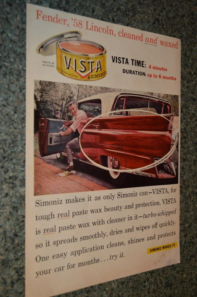 1958 LINCOLN CONTINENTAL VISTA WAX ORIGINAL LARGE ADVERTISEMENT PRINT AD 58 RED - Image 1 of 1