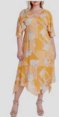 NUEVO CON ETIQUETAS VESTIDO JESSICA SIMPSON TONI Estampado Floral Amarillo Midi asimétrico cuello en V Foto 1 de 4