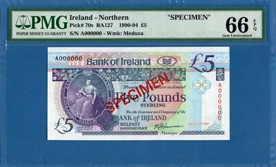 Northern Ireland, 5 Pounds, A000000 Specimen,1990-94, Gem UNC-PMG66EPQ, P70s - Image 1 of 2