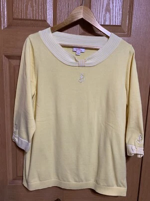 Quacker Factory Sweater L Yellow Nautical Anchor 3/4 Sleeve Beach Ocean Cruise - Image 1 of 4