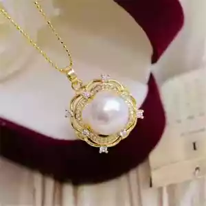 Natural Pearl 4.00Ct Round Cut Flower Pendant in 14K Yellow Gold Plated Chain - Picture 1 of 6