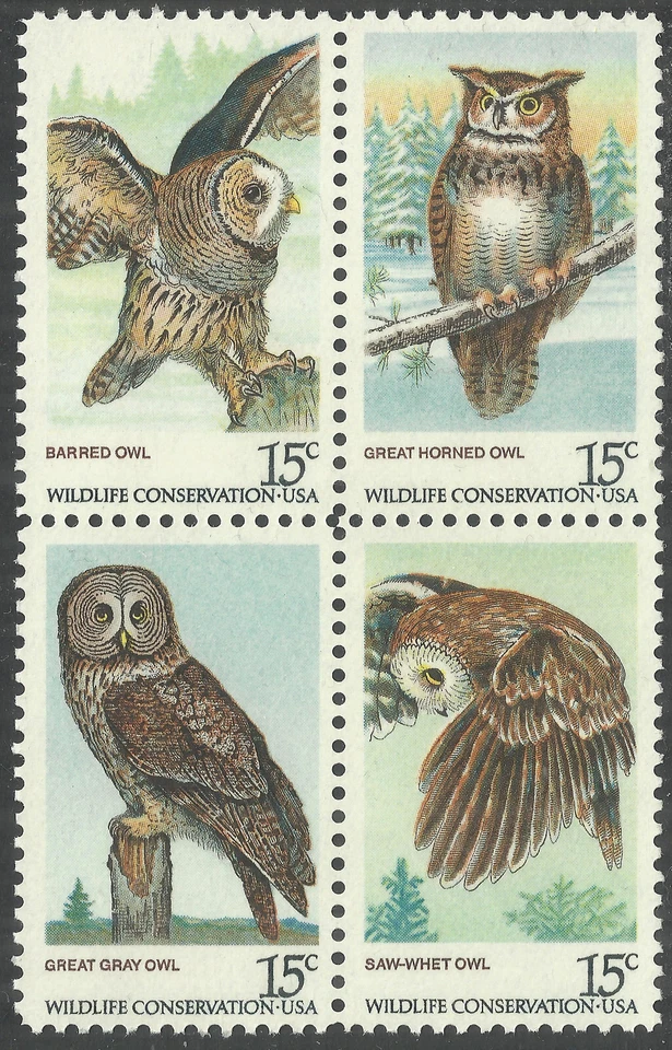 Scott 1763a, Wildlife Conservation Issue - Owls - 15ȼ Block of 4 from 1978 - MNH - Image 1 of 1