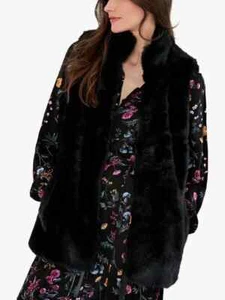 JOULES Women's Nora Black Faux Fur Gilet Lined Fastened With Satin Ribbon Size L - Picture 1 of 12