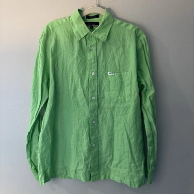 Camisa Facconable Para Hombre Mediana Verde Lima Lino Bolsillo Abotonable Mangas Largas Foto 1 de 4