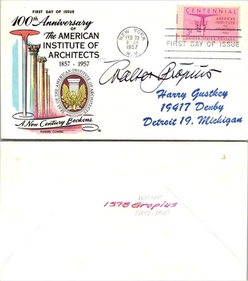 1957 AIA 100th anniversary Sc 1089 FDC Walter Gropius autograph architecture - Image 1 of 2