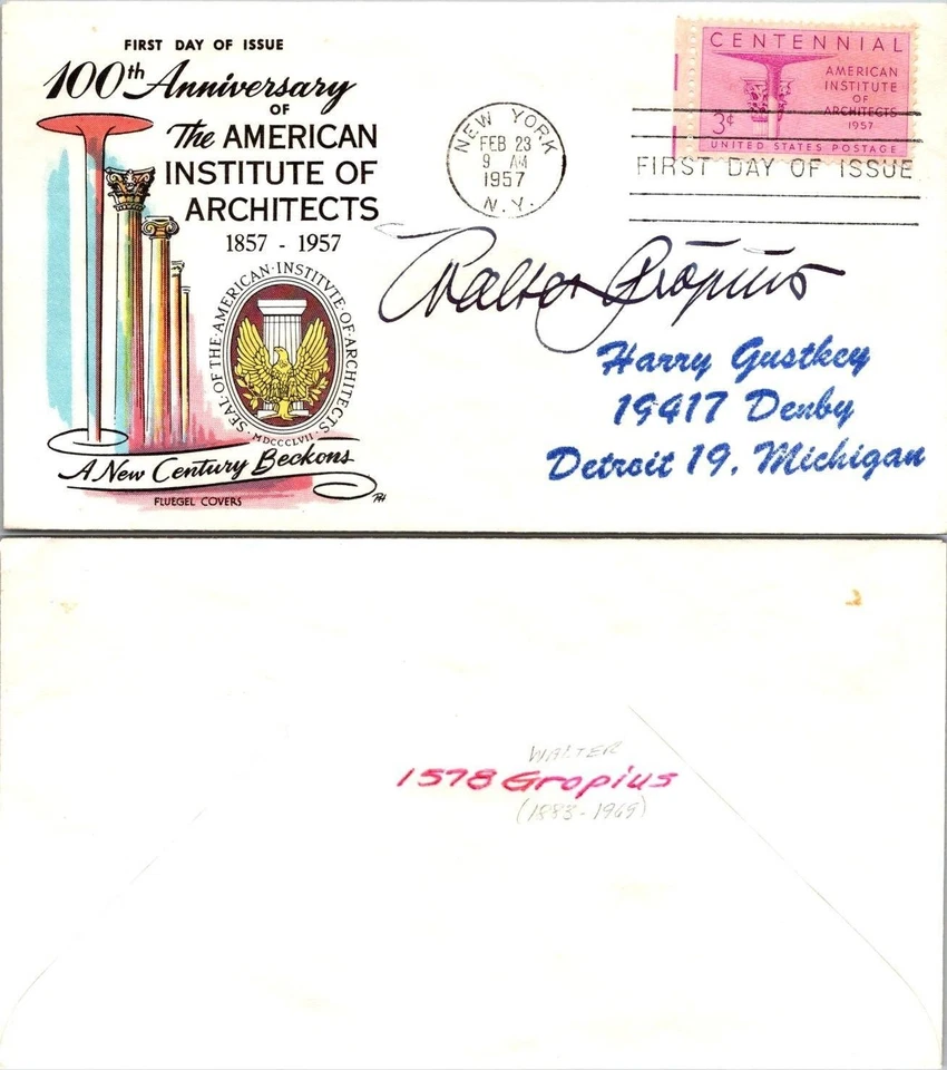 1957 AIA 100th anniversary Sc 1089 FDC Walter Gropius autograph architecture - Image 1 of 2