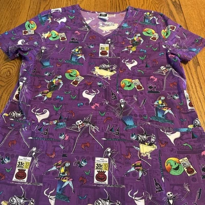 Women's Halloween Disney Nightmare Before Christmas V-Neck Scrub Top Purple - Image 1 of 4