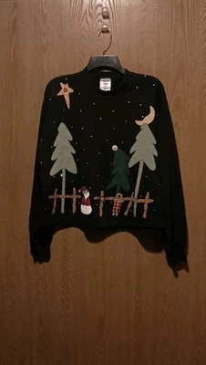 Jerzee Country Navidad Sudadera L Negro Parche Vacacional Bordado Pullover  Foto 1 de 4