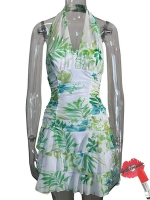 Vestido Halter Vintage Años 90 Y2K XOXO Mediano Blanco Floral Sin Mangas Volantes Hoco Caprichoso Foto 1 de 4