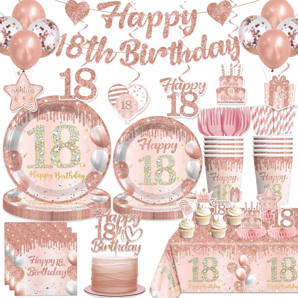 193 шт. розовое золото 18-й день рождения украшения для девочек с набором посуды, баннер... - Изображение 1 из 4